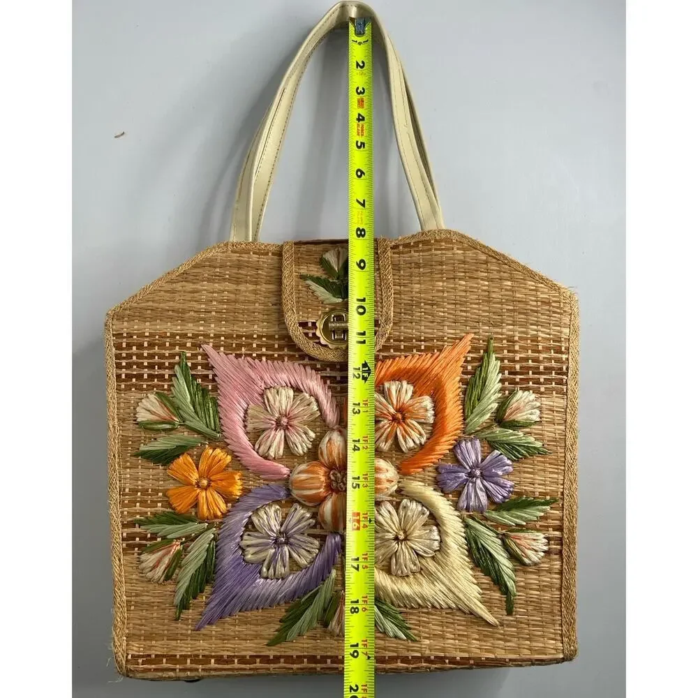 Vtg Straw Raffia Handbag Purse Bags by Whidby Embroidered Flowers Philippines